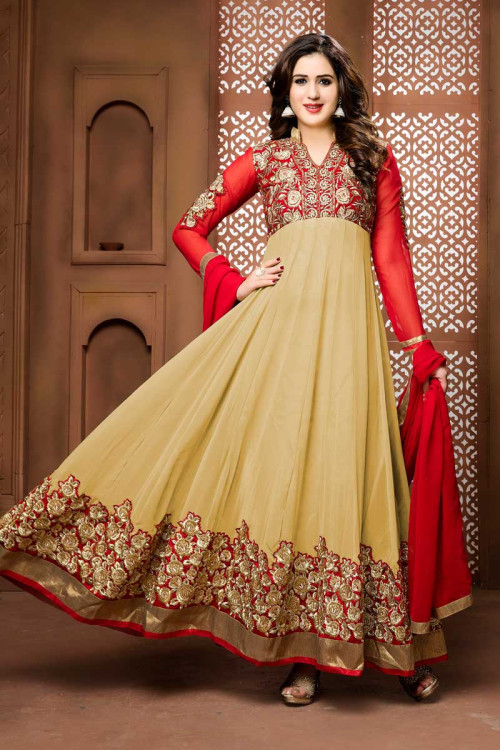 Red And Beige Georgette Anarkali Churidar Suit With Dupatta