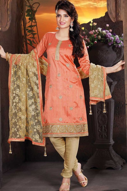 Orange Handloom Silk Churidar Suit With Embroidered Dupatta