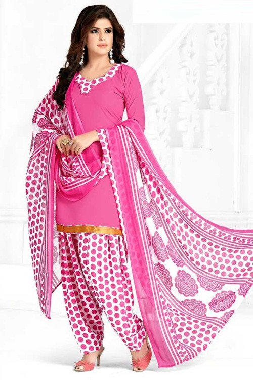 Pink Cotton Patiala Suit With Dupatta