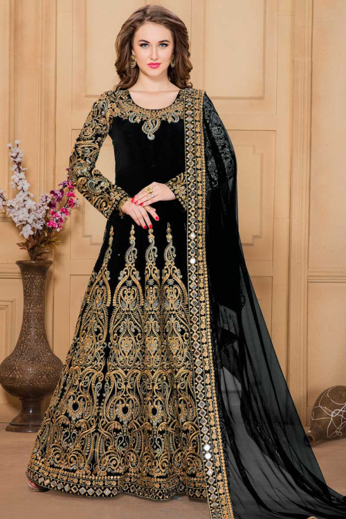 Black Silk And Taffeta Anarkali Churidar Suit