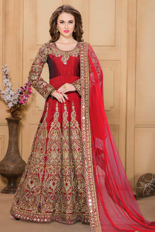 Red Silk And Taffeta Anarkali Churidar Suit With Dupatta
