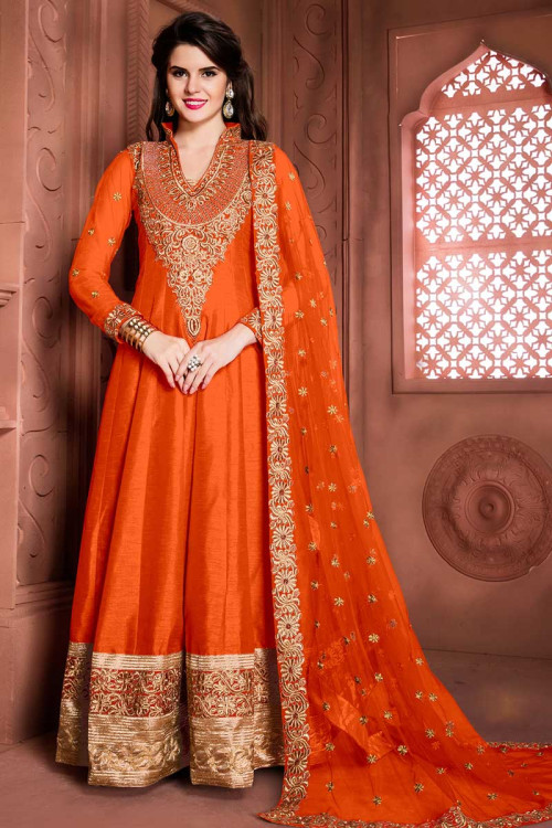 Orange Banglori Silk Anarkali Churidar Suit