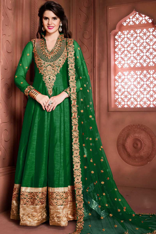 Green Banglori Silk Anarkali Churidar Suit