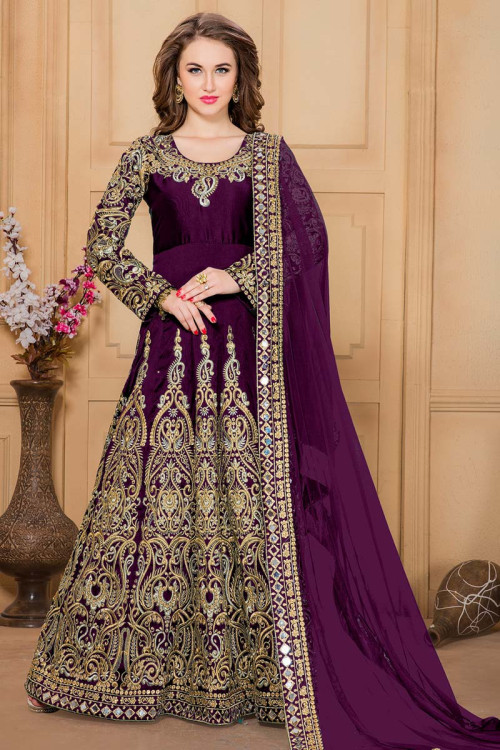 Tyrian Purple Silk And Taffeta Anarkali Churidar Suit With Embroidered Dupatta