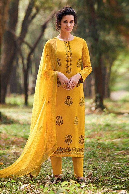 Yellow Cotton Trouser Suit With Dupatta