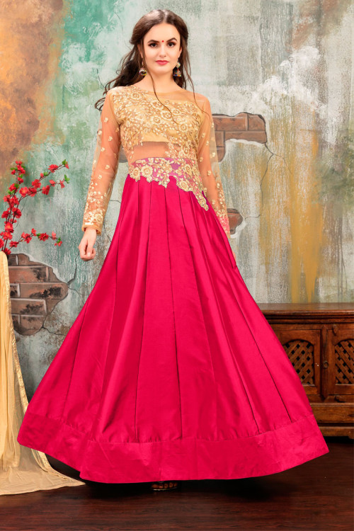 Pink Taffeta Silk Eid Anarkali Suit With Dupatta