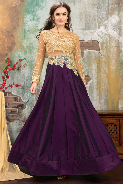 Beige And Purple Taffeta Silk Anarkali Suit With Dupatta