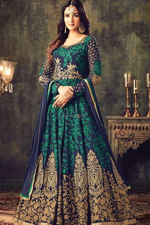 Blue And Sea Green Georgette Anarkali Churidar Suit With Dupatta