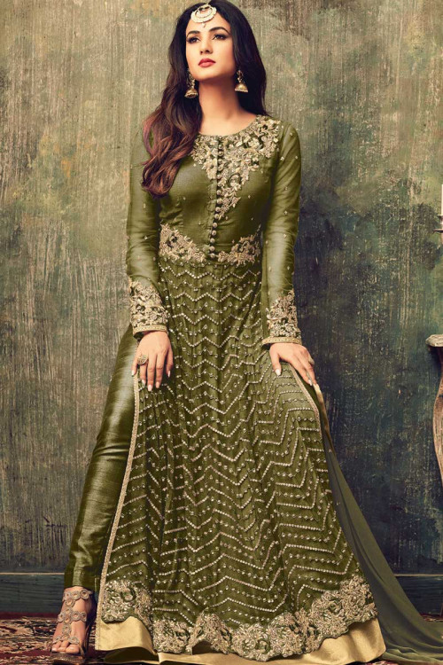 Net Trouser Suit With Dupatta In Olive Green