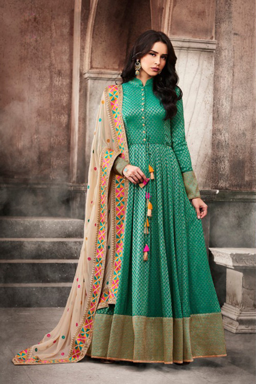 Exclusive Rama Green Floor Length Jacquard Anarkali Churidar Suit