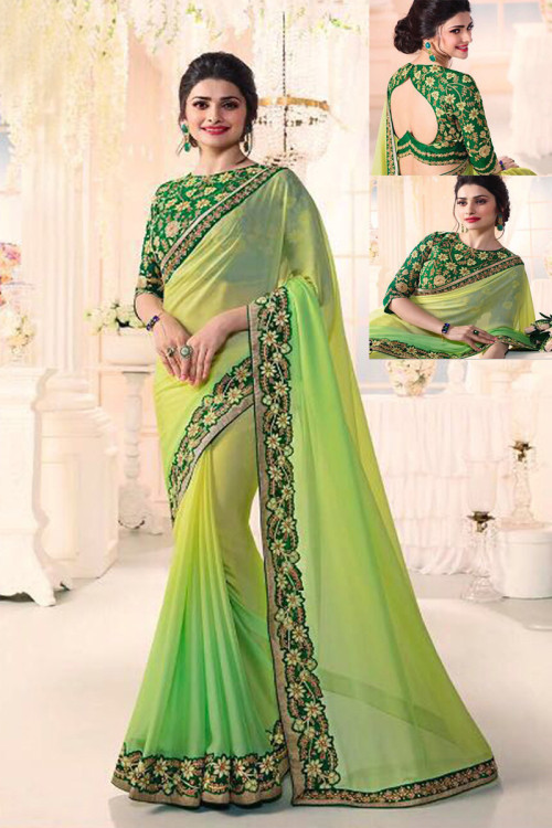 Green Georgette Saree With Banglori silk Blouse