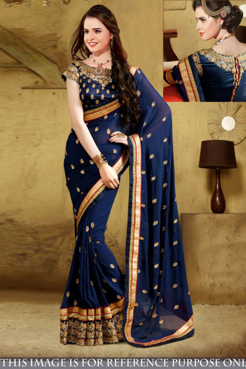 Blue Georgette Saree With Raw Silk Blouse