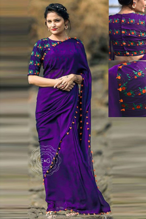 Purple Georgette Saree With Banglori Silk Blouse