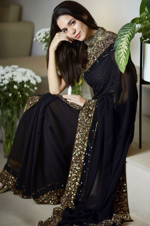 Black Georgette Saree With Banglori Silk Blouse for Eid