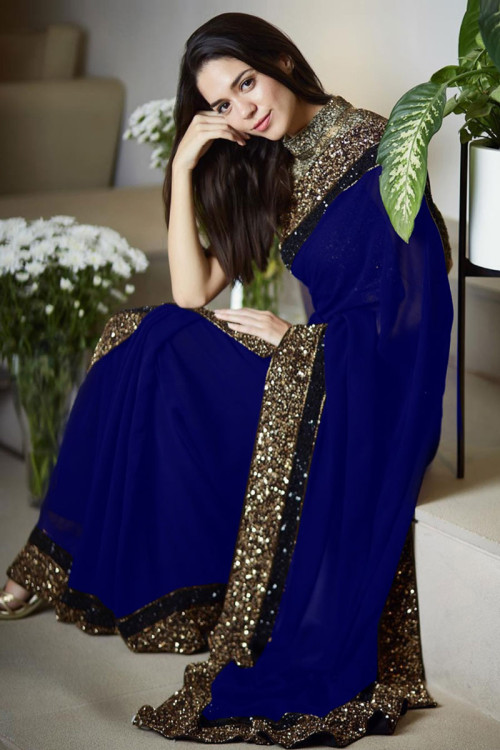 Blue Georgette Saree With Banglori Silk Blouse