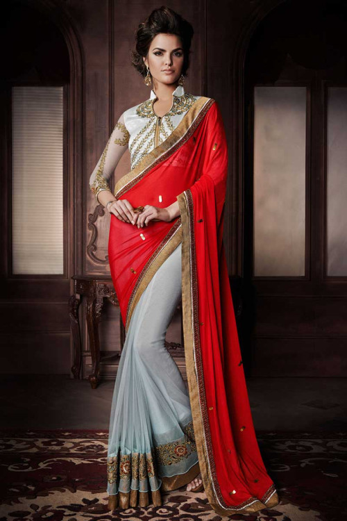 Blue Red Georgette Net Saree with Silk Blouse