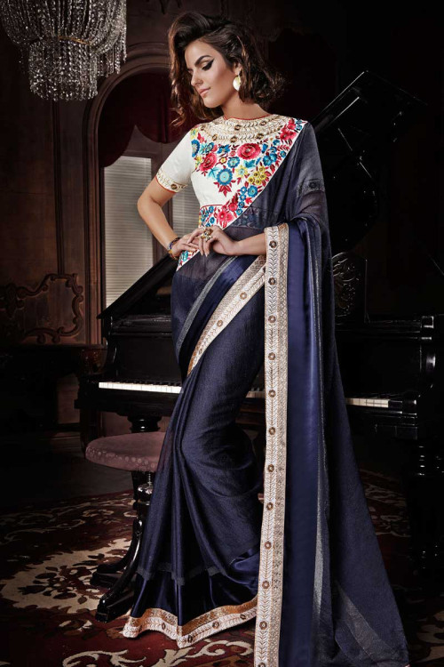 Blue Satin Viscose Saree with Silk Blouse
