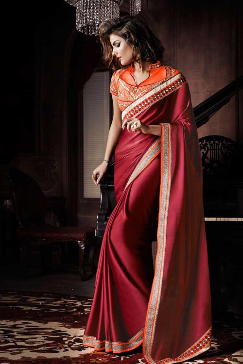Maroon Georgette Satin Saree With Silk Blouse
