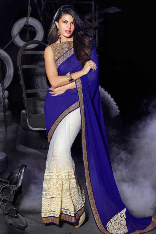 Blue White Georgette Net Saree with Art Silk Blouse