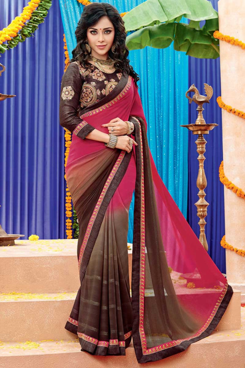 Brown Pink Georgette Saree with Dupion Silk Blouse