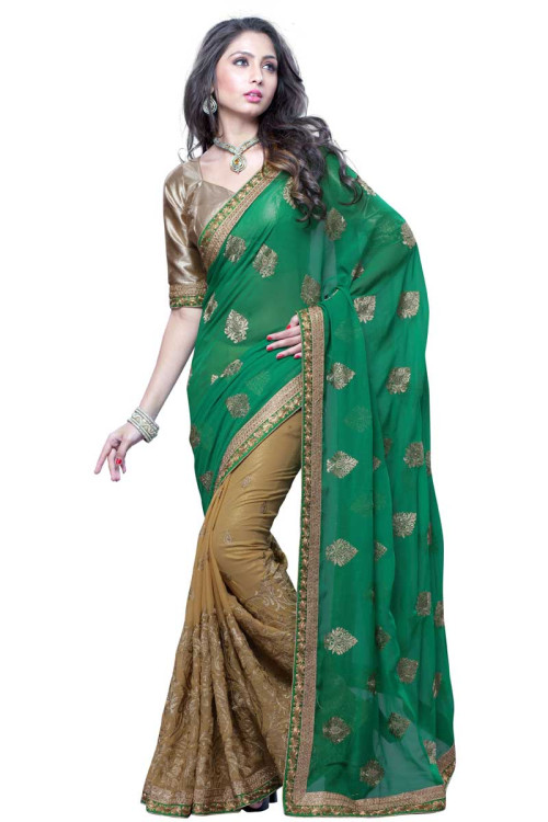 Beige Green Chiffon Saree with Silk Blouse