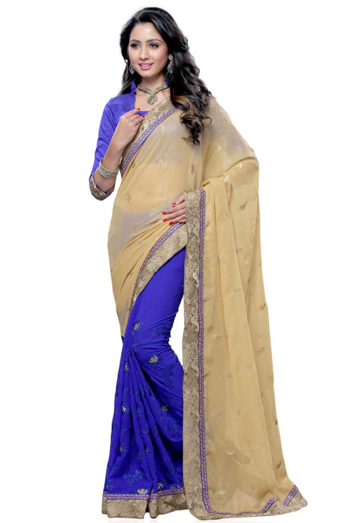 Beige Blue Chiffon Georgette Saree with Silk Blouse