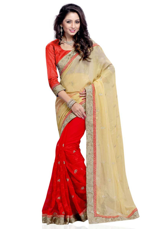 Beige Red Chiffon Georgette Saree with Silk Blouse