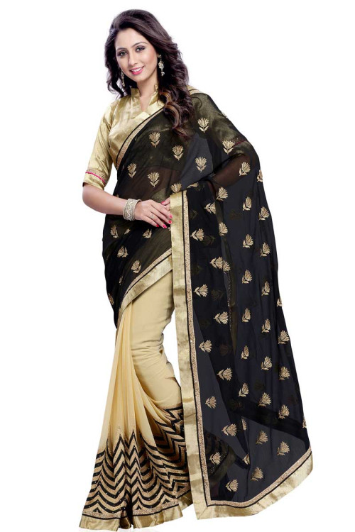 One Color Metallic Peril Gold Paint For Black Saree  Black Saree For  Metallic Peril Gold Paint 