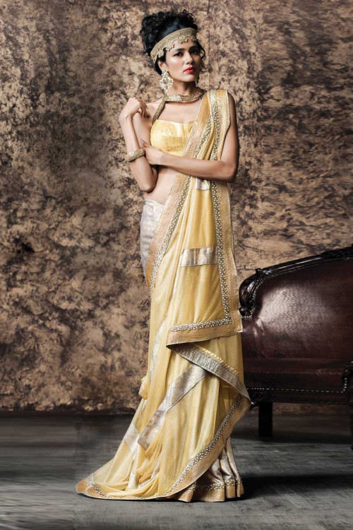 Cream and grey Brasso Saree With Silk Blouse