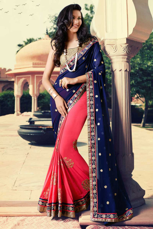 Blue and pink Georgette Saree With Art silk Blouse