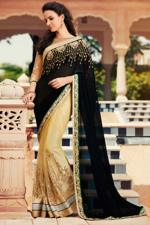 Beige and black Georgette and net Saree With Velvet Blouse