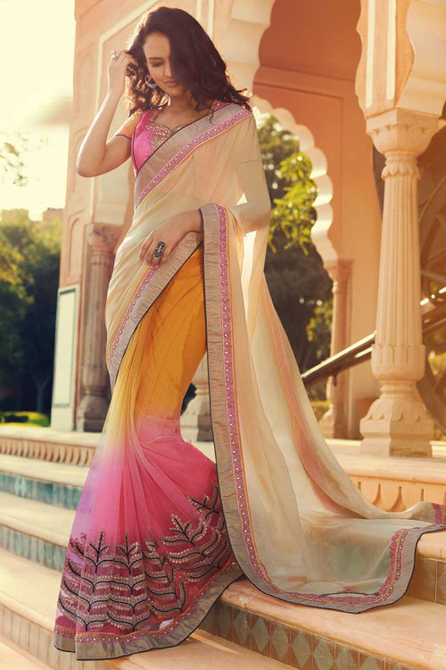 Cream Orange And Pink Chiffon And Net Saree With Art Silk Blouse