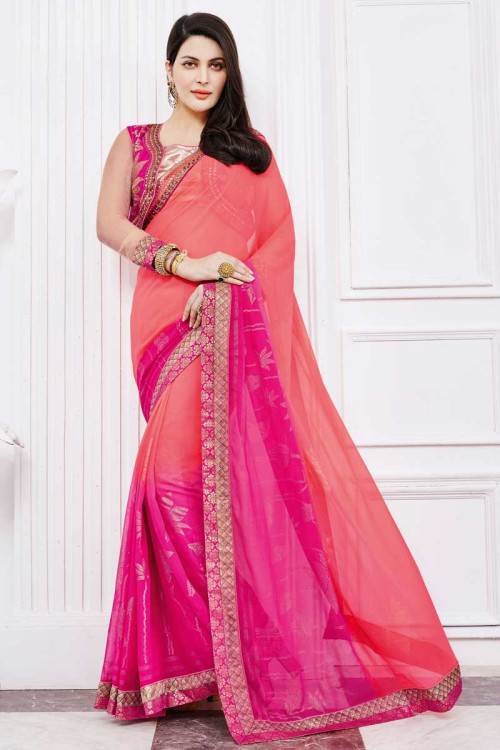 Pink Georgette Saree With Silk Blouse