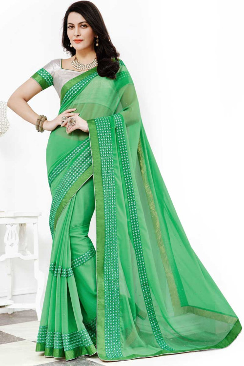 Green Chiffon Saree With Silk Blouse
