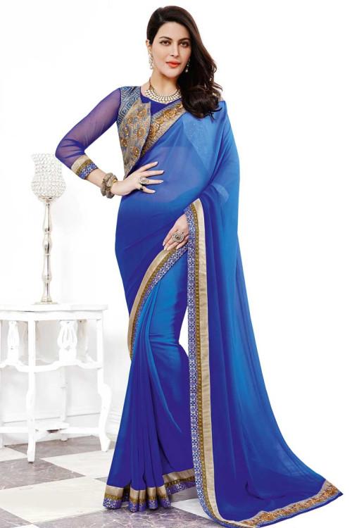 Blue Georgette Saree With Silk Blouse