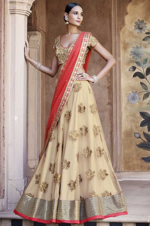Embroidered Net Lehenga in Light Fawn | Party wear lehenga, Lehenga choli, Designer  lehenga choli