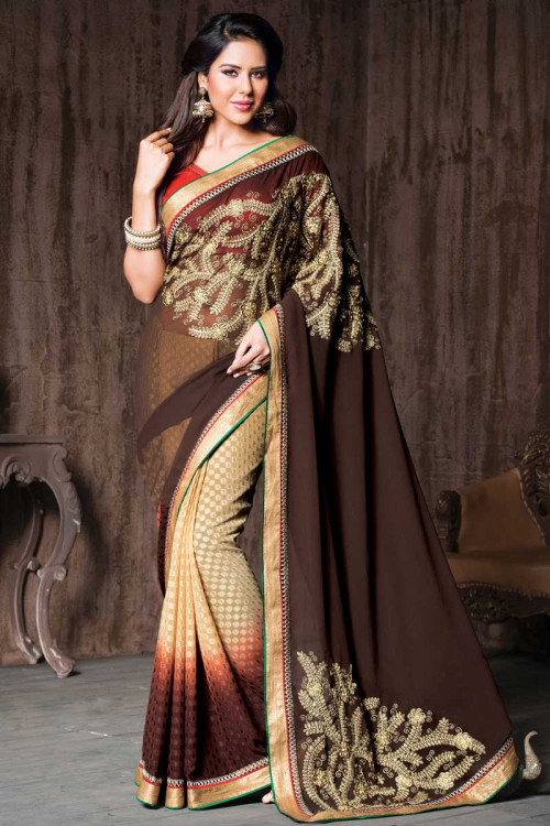 Vishal Prints Dark Brown Chiffon Saree With Embroidery Work And Fancy