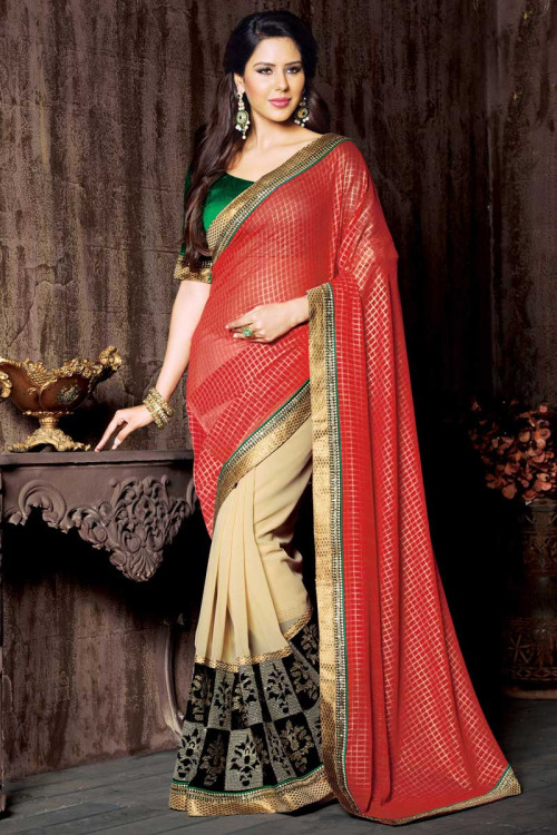 Black red and cream Georgette Saree With Art silk Blouse