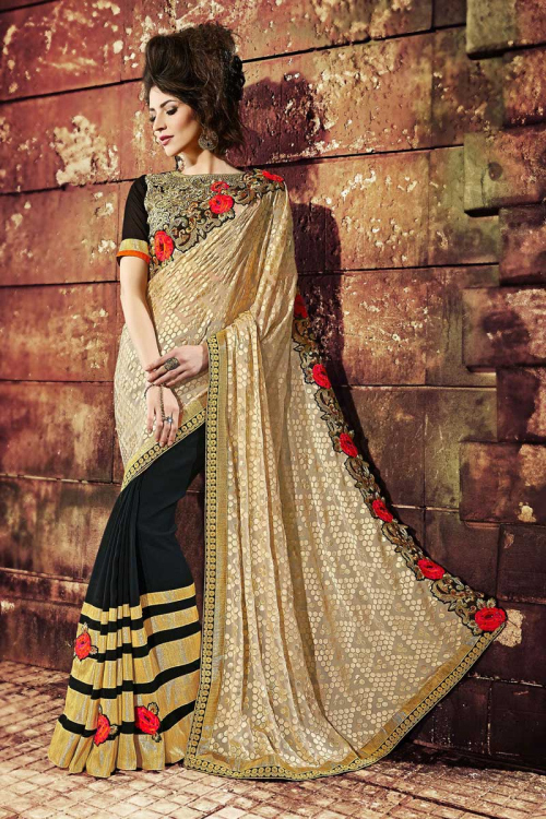 Cream with Black Georgette Brasso Saree 
