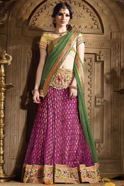 Gold Banarsi Brocade Lehenga and Net Choli