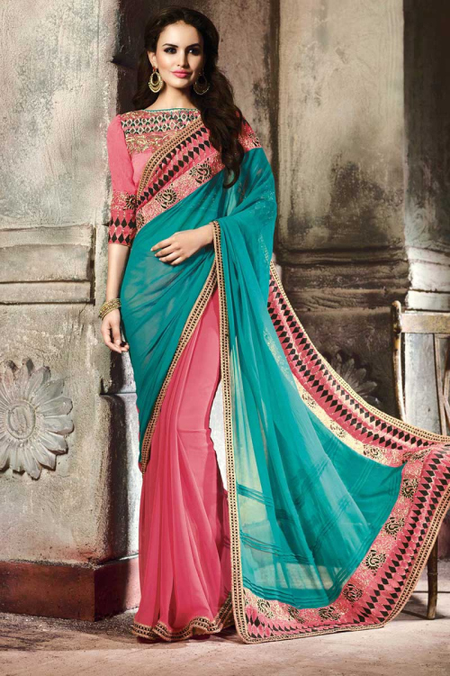 Firozi pink Georgette Saree With Art silk Blouse