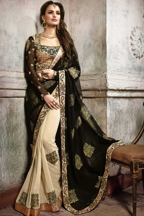 Black and cream Georgette Saree With Art silk Blouse