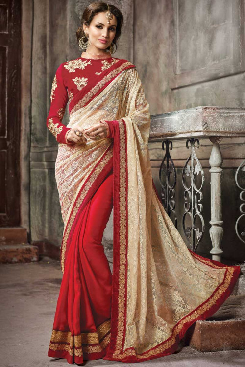 Cream and red Chiffon and net Saree With Velvet Blouse