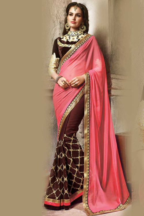 Coffee pink Chiffon Saree With Velvet Blouse