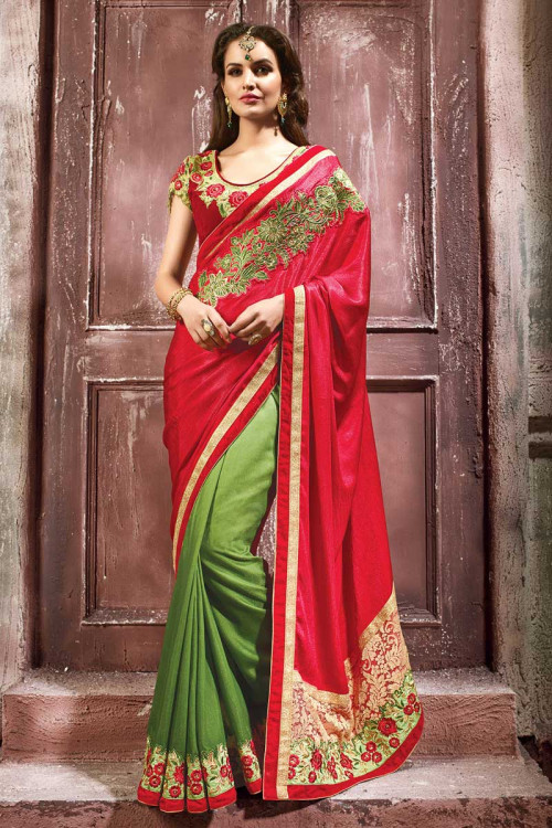 Green and maroon Crepe and georgette Saree With Velvet Blouse