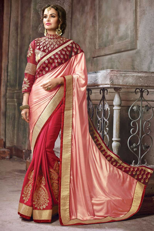 Peach maroon Crepe and velvet Saree With Art silk Blouse