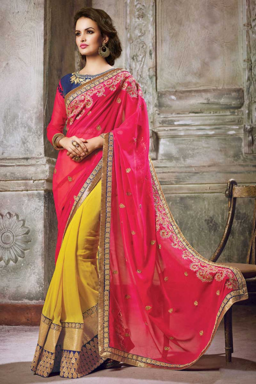 Pink and yellow Georgette Saree With Art silk Blouse