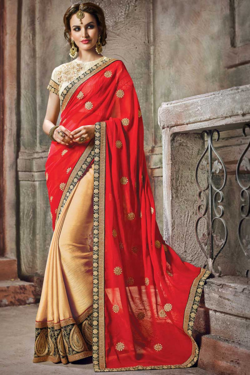 Beige and red Georgette Saree With Art silk Blouse