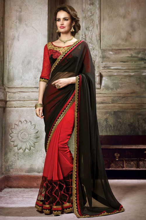 Black and red Georgette and net Saree With Velvet Blouse