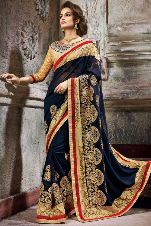 Navy blue beige Georgette and net Saree With Banarsi jacquard Blouse